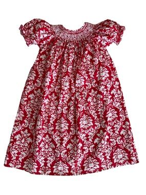Le Za Me Smocked Bishop Dress Red White Fleur De Lis Christmas Valentines